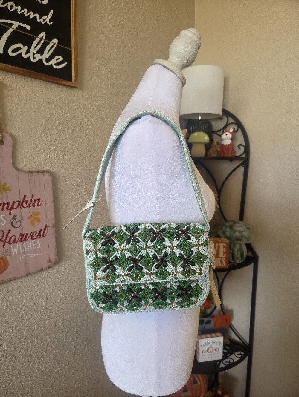Hand-Beaded Green Mosaic Shoulder Bag with Flap